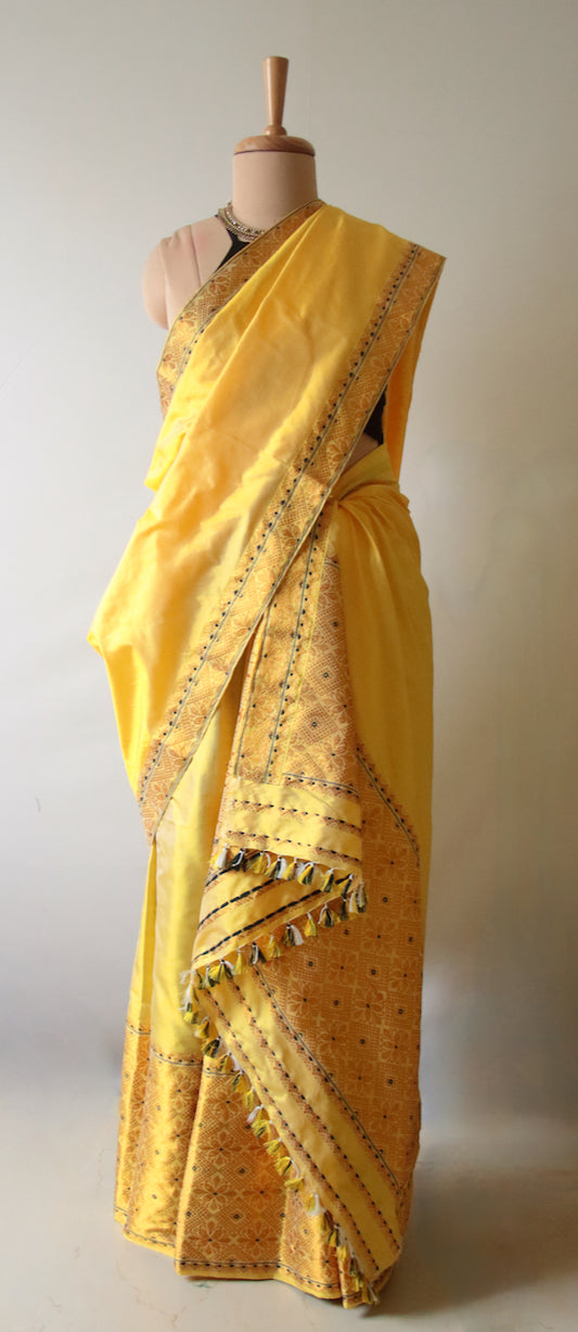 Yellow Traditional Pure Silk Mekhela Chador Set from Assam