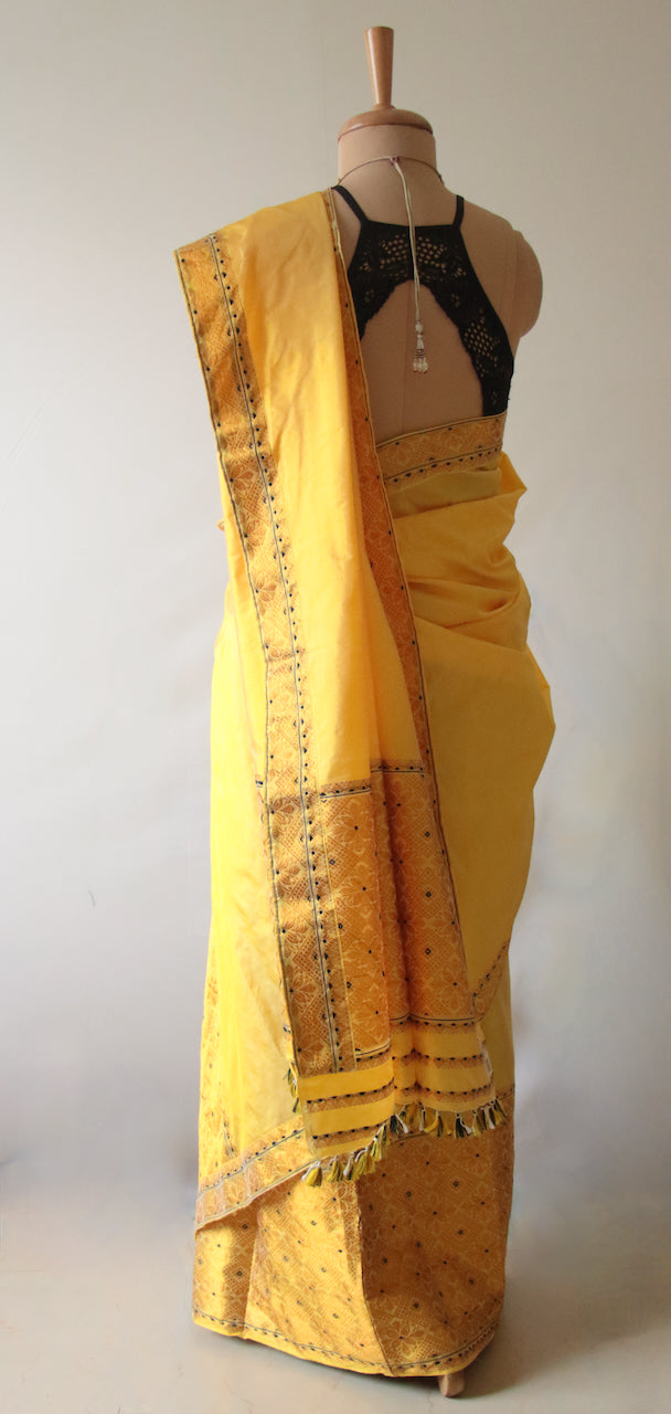 Yellow Traditional Pure Silk Mekhela Chador Set from Assam