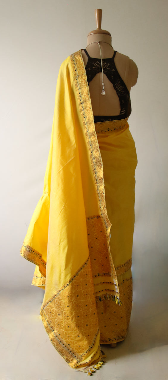 Yellow Traditional Pure Silk Mekhela Chador Set from Assam