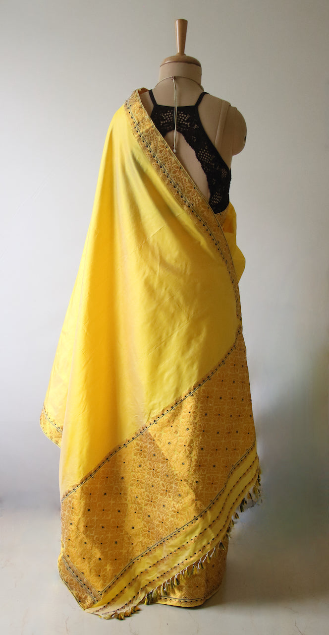 Yellow Traditional Pure Silk Mekhela Chador Set from Assam