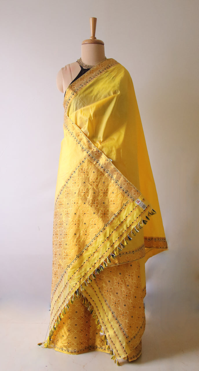 Yellow Traditional Pure Silk Mekhela Chador Set from Assam