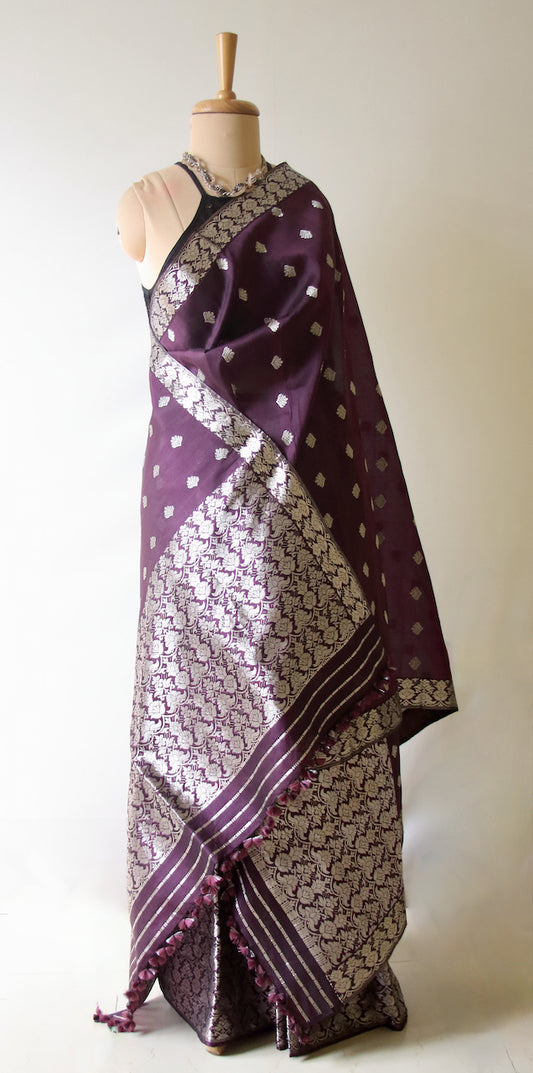 Purple Traditional Handloom Mulberry Silk Mekhla Chador Set from Assam