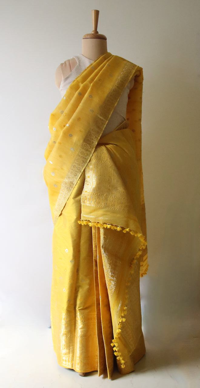 Yellow Natural Dyed  Traditional Handloom Mulberry Silk Mekhla Chador Set from Assam