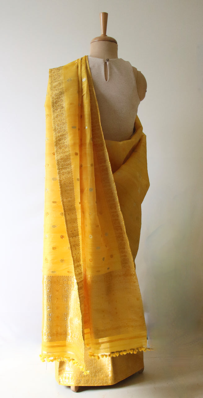 Yellow Natural Dyed  Traditional Handloom Mulberry Silk Mekhla Chador Set from Assam