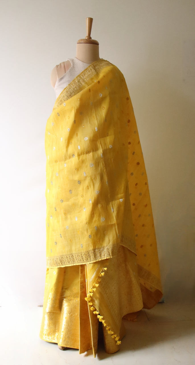 Yellow Natural Dyed  Traditional Handloom Mulberry Silk Mekhla Chador Set from Assam