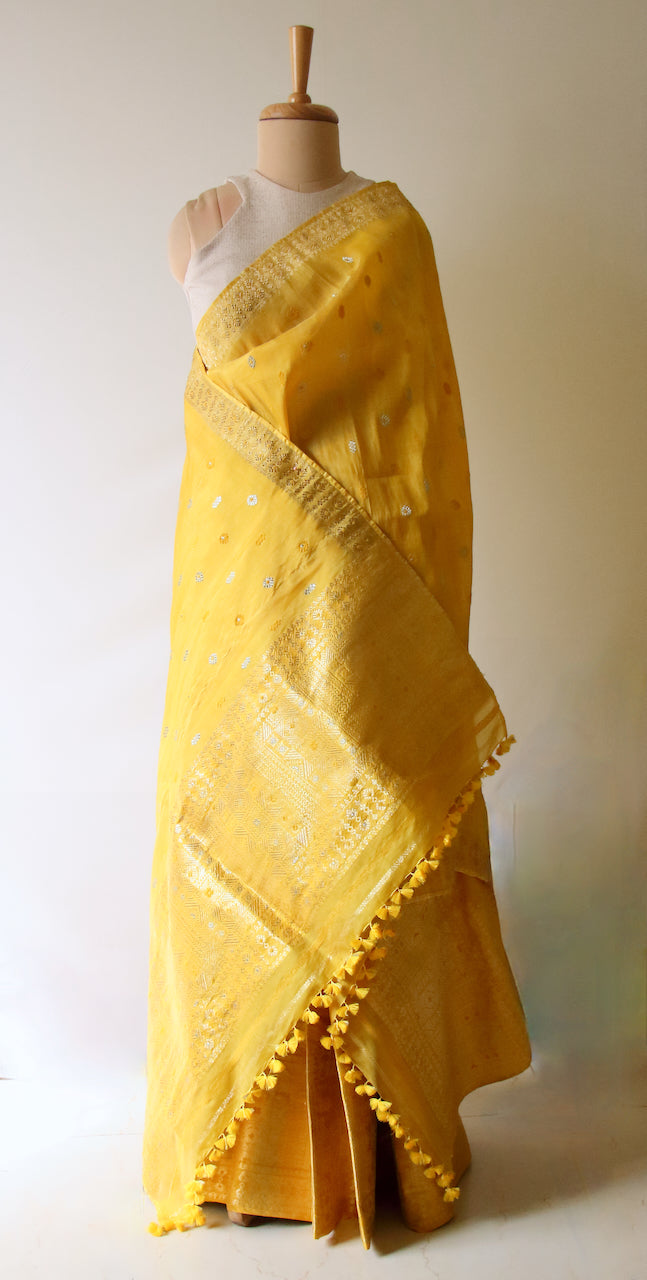 Yellow Natural Dyed  Traditional Handloom Mulberry Silk Mekhla Chador Set from Assam