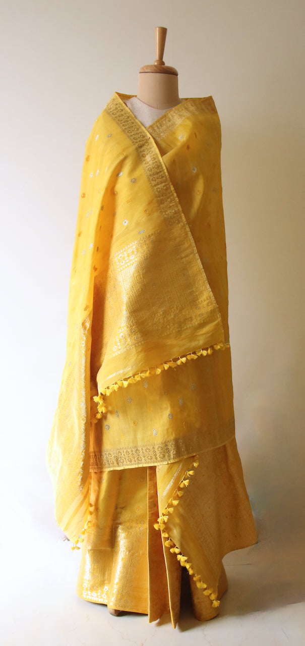 Yellow Natural Dyed  Traditional Handloom Mulberry Silk Mekhla Chador Set from Assam