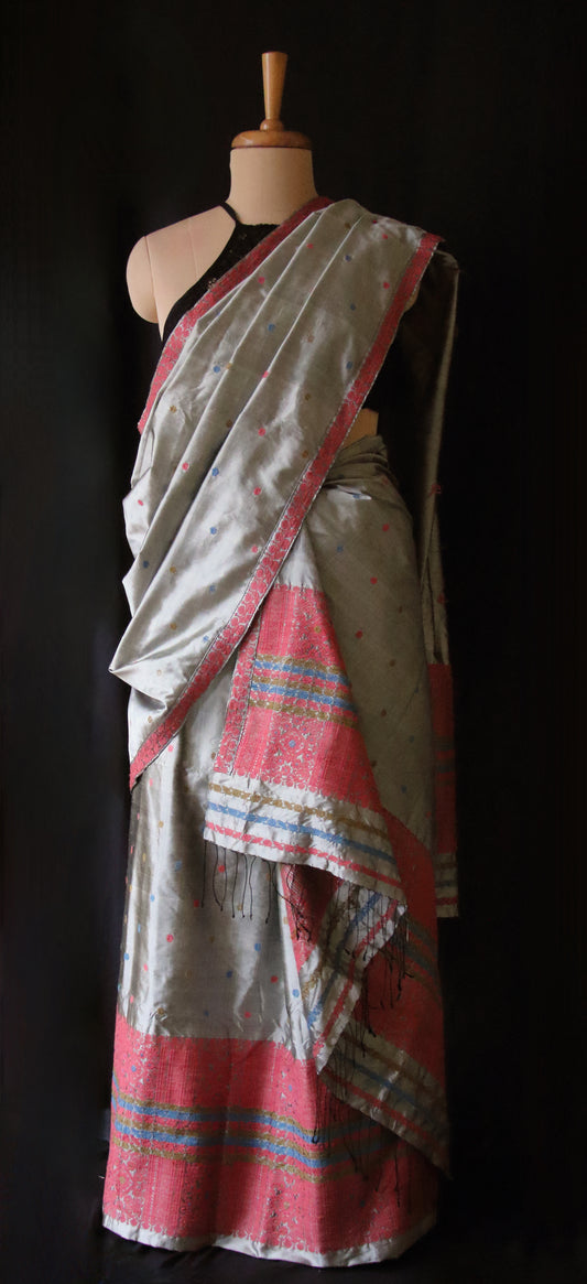 Grey Handloom Mulberry Silk Mekhla Chador Set from Assam