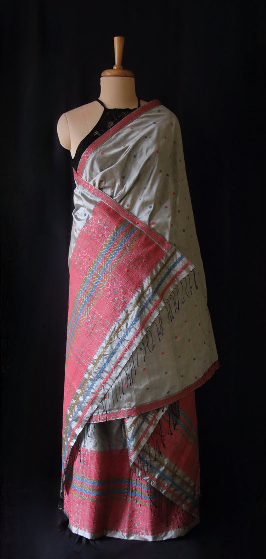 Grey Handloom Mulberry Silk Mekhla Chador Set from Assam