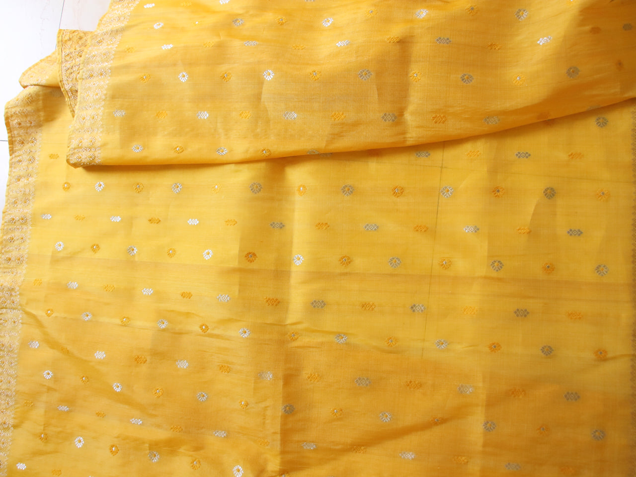 Yellow Natural Dyed  Traditional Handloom Mulberry Silk Mekhla Chador Set from Assam