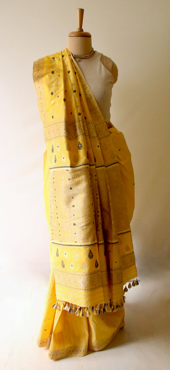 Bright Yellow Natural Dyed Mulberry Silk Saree from Assam