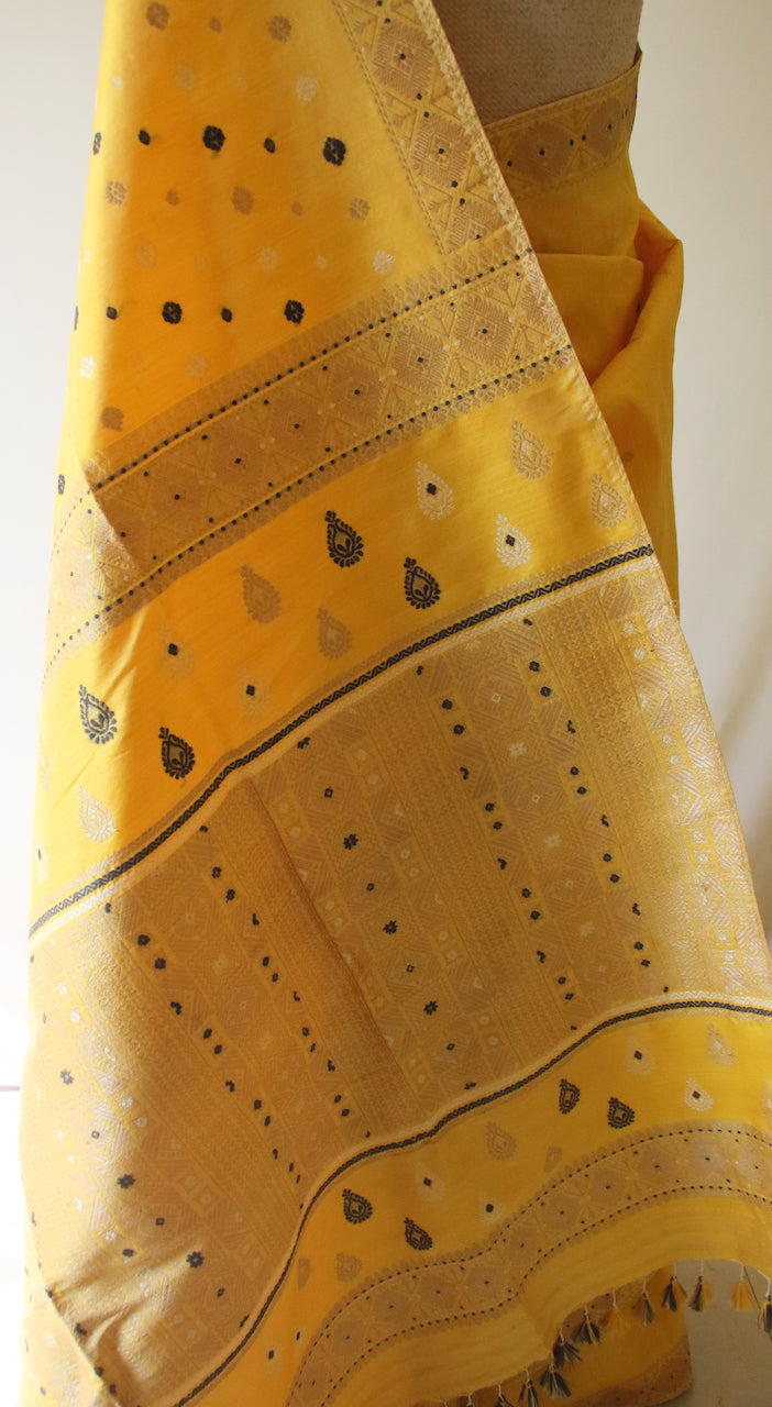 Bright Yellow Natural Dyed Mulberry Silk Saree from Assam