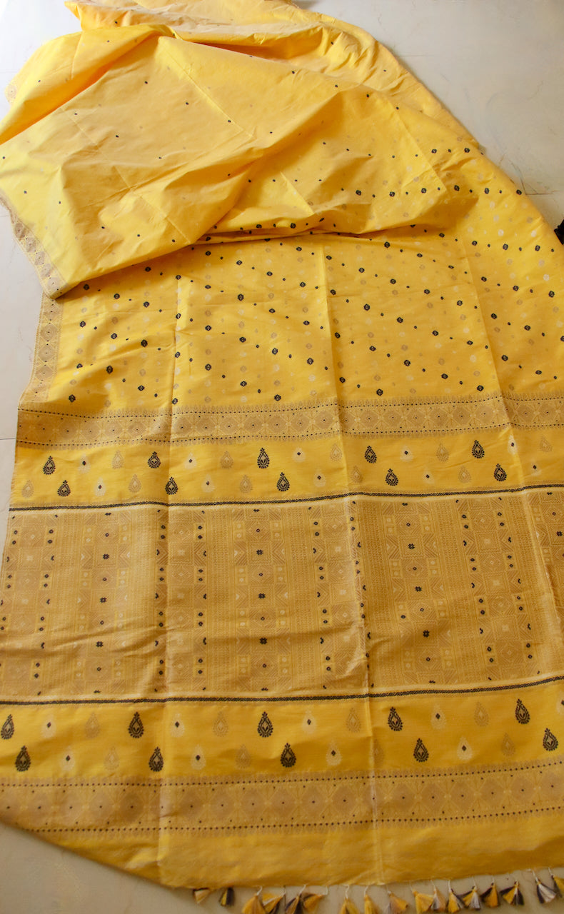 Bright Yellow Natural Dyed Mulberry Silk Saree from Assam