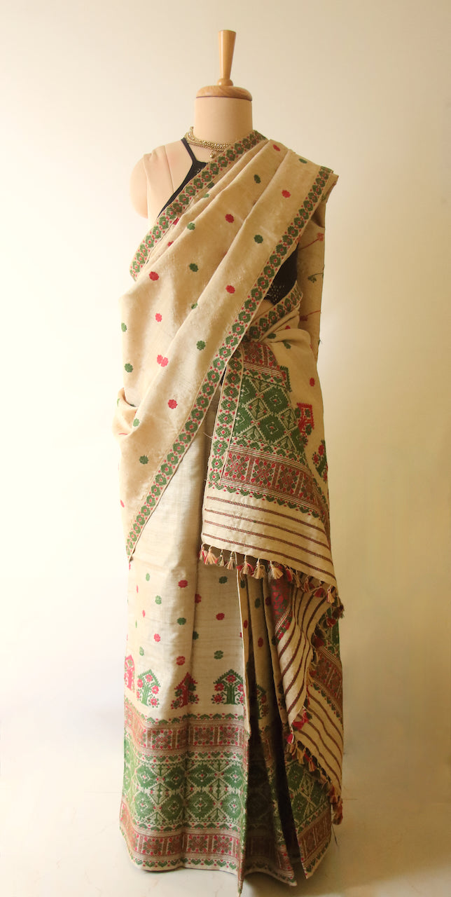 Authentic Muga Silk Mekhla Chador Set with Natural Dyed Eri Silk  Motifs from Assam