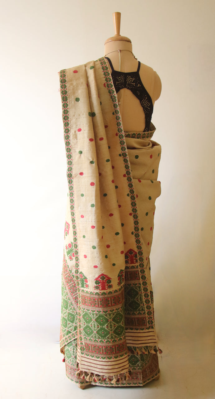 Authentic Muga Silk Mekhla Chador Set with Natural Dyed Eri Silk  Motifs from Assam