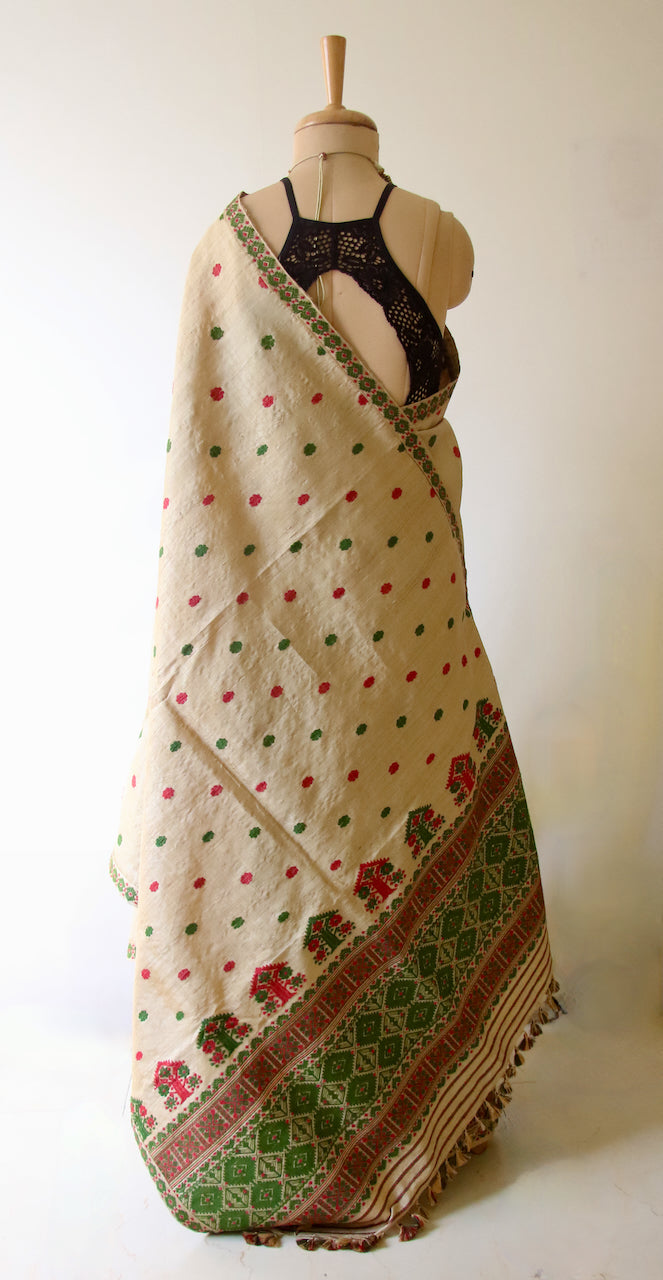 Authentic Muga Silk Mekhla Chador Set with Natural Dyed Eri Silk  Motifs from Assam