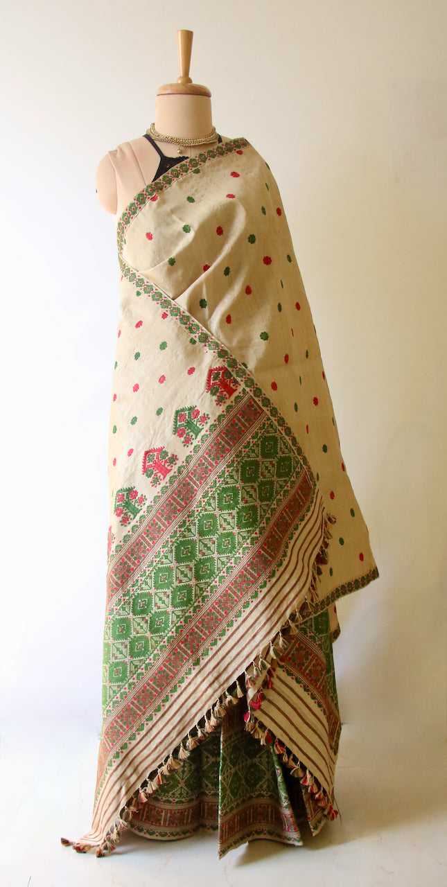 Authentic Muga Silk Mekhla Chador Set with Natural Dyed Eri Silk  Motifs from Assam