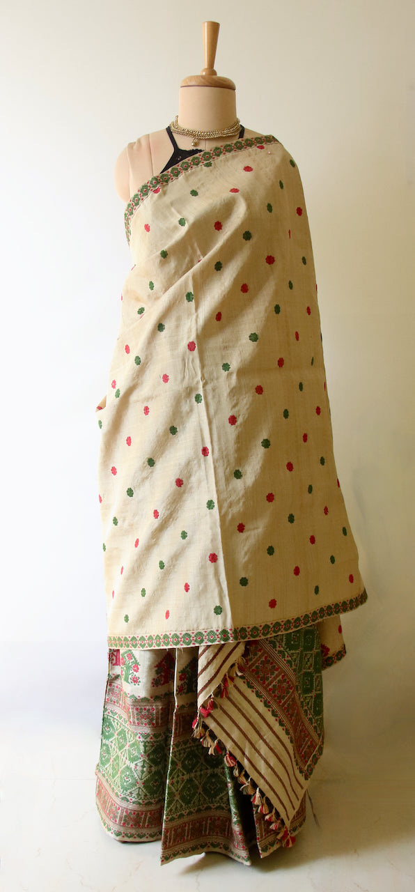 Authentic Muga Silk Mekhla Chador Set with Natural Dyed Eri Silk  Motifs from Assam