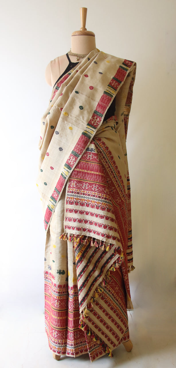 Authentic Muga Silk Mekhla Chador Set with Natural Dyed Eri Silk  Motifs from Assam