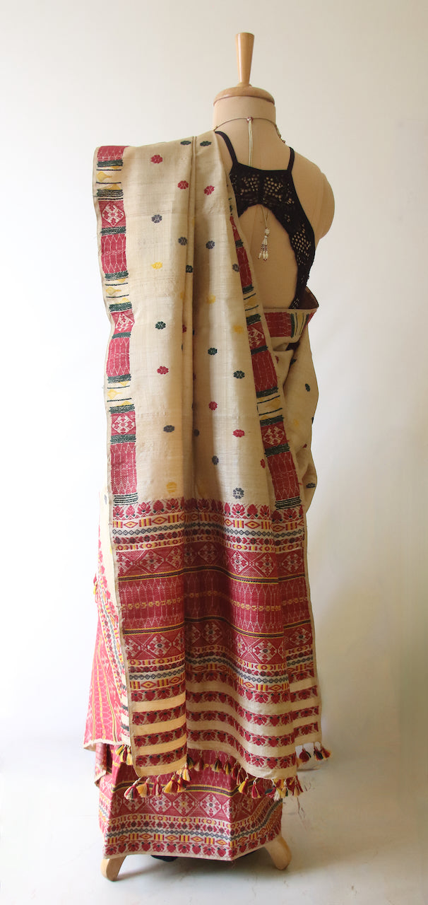 Authentic Muga Silk Mekhla Chador Set with Natural Dyed Eri Silk  Motifs from Assam