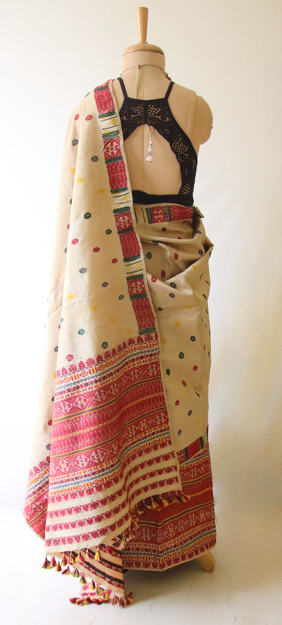 Authentic Muga Silk Mekhla Chador Set with Natural Dyed Eri Silk  Motifs from Assam