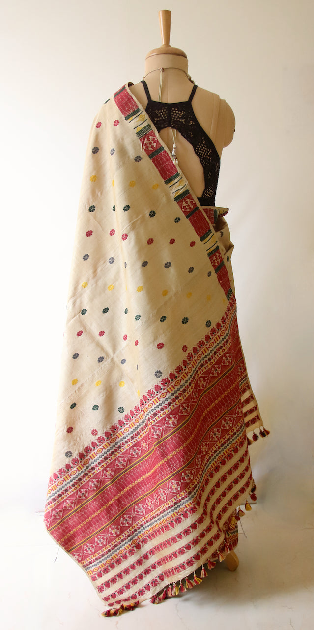 Authentic Muga Silk Mekhla Chador Set with Natural Dyed Eri Silk  Motifs from Assam