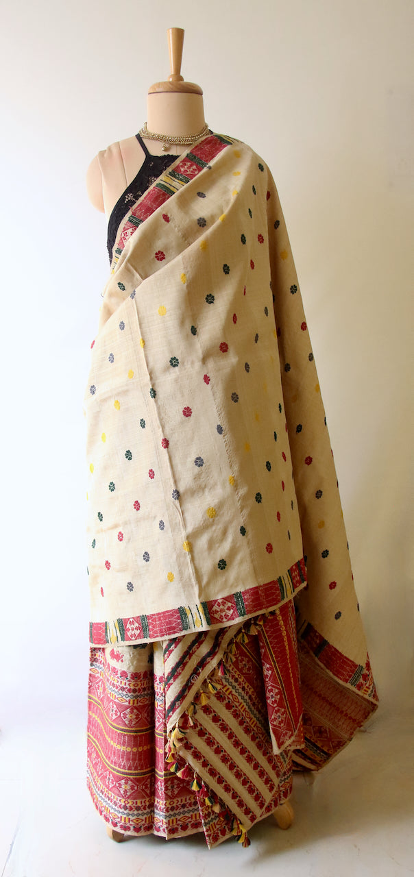 Authentic Muga Silk Mekhla Chador Set with Natural Dyed Eri Silk  Motifs from Assam