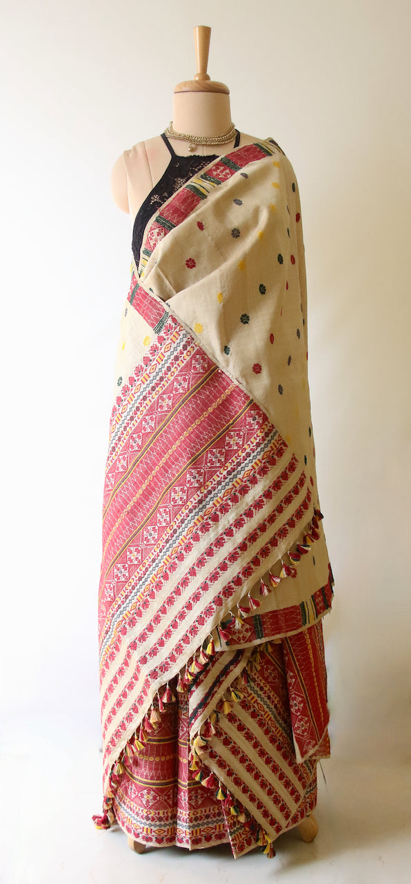 Authentic Muga Silk Mekhla Chador Set with Natural Dyed Eri Silk  Motifs from Assam