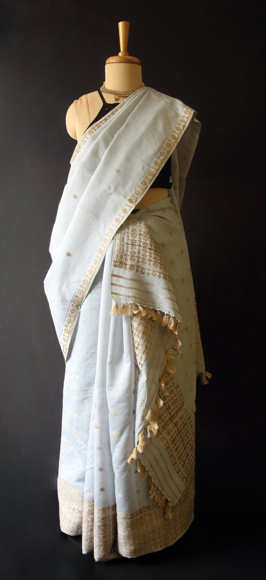 Light Grey Cotton Silk Traditional Handloom Mekhela Chador Set from Assam (Copy)