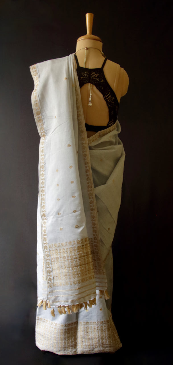 Light Grey Cotton Silk Traditional Handloom Mekhela Chador Set from Assam (Copy)