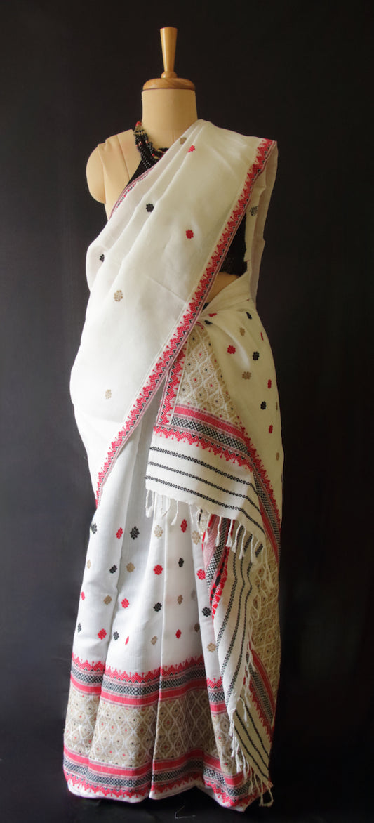 White Cotton Silk Traditional Handloom Mekhela Chador Set from Assam