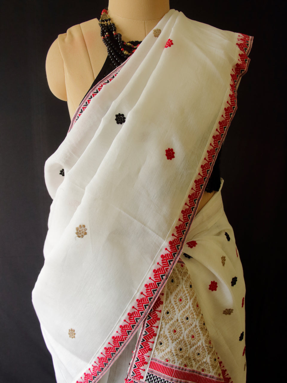 White Cotton Silk Traditional Handloom Mekhela Chador Set from Assam