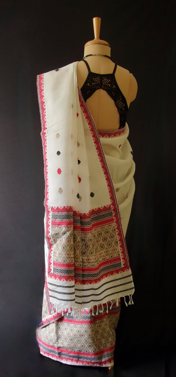 White Cotton Silk Traditional Handloom Mekhela Chador Set from Assam