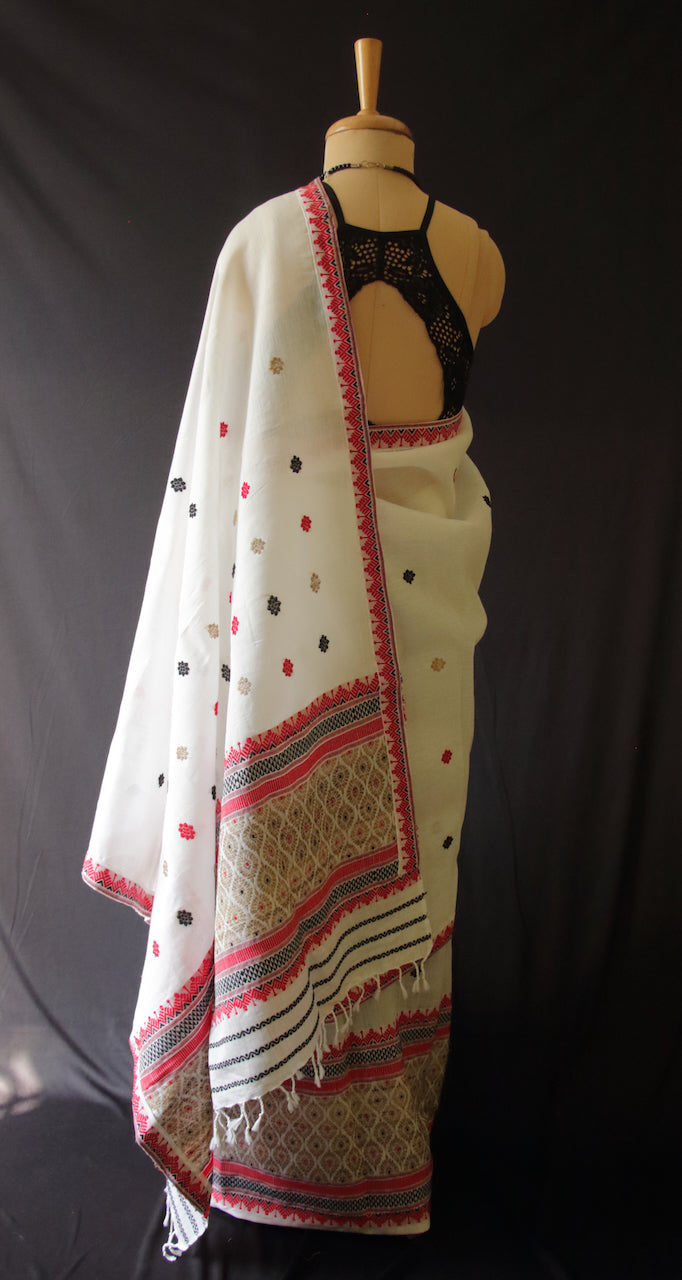 White Cotton Silk Traditional Handloom Mekhela Chador Set from Assam