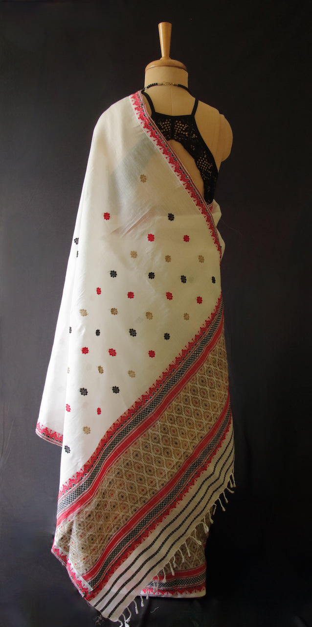 White Cotton Silk Traditional Handloom Mekhela Chador Set from Assam