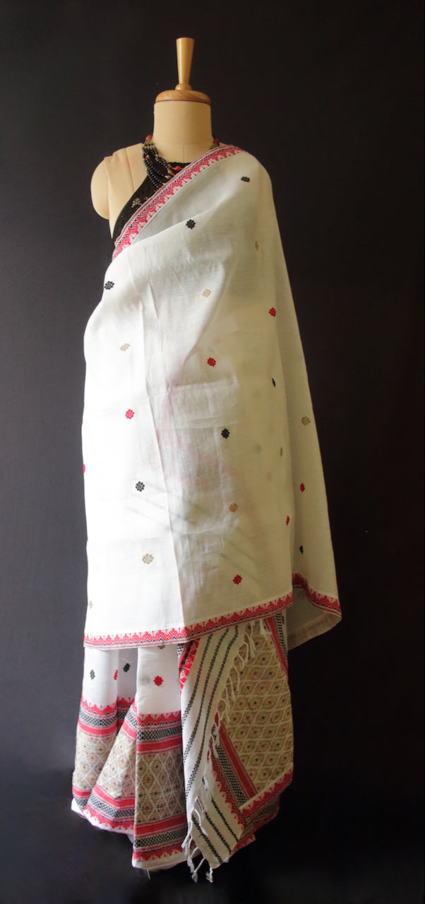 White Cotton Silk Traditional Handloom Mekhela Chador Set from Assam