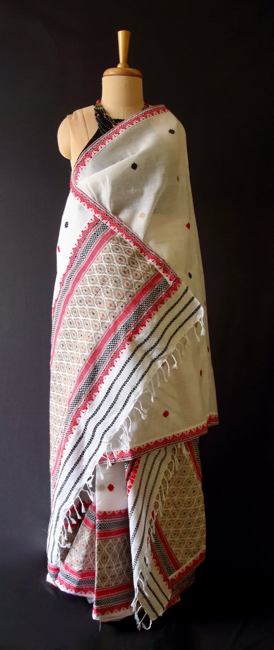 White Cotton Silk Traditional Handloom Mekhela Chador Set from Assam