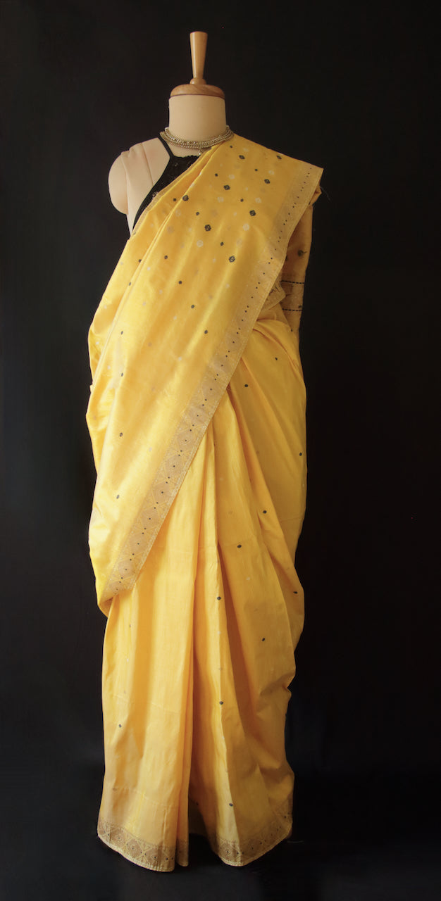 Bright Yellow Natural Dyed Mulberry Silk Saree from Assam