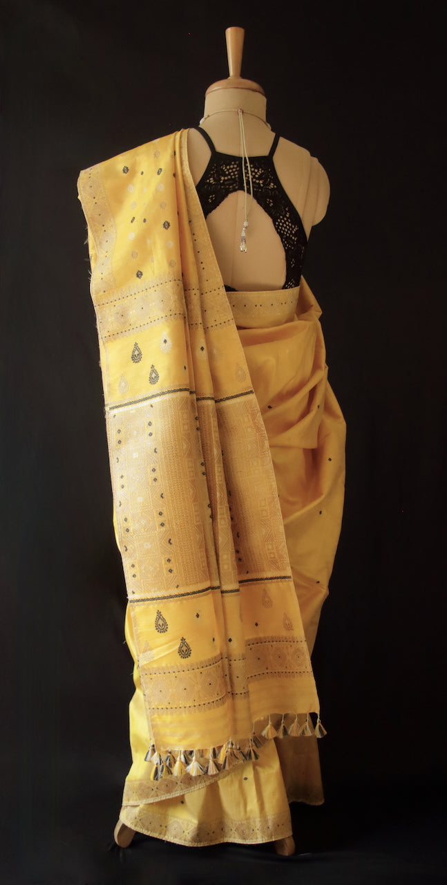 Bright Yellow Natural Dyed Mulberry Silk Saree from Assam