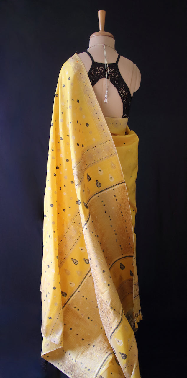 Bright Yellow Natural Dyed Mulberry Silk Saree from Assam