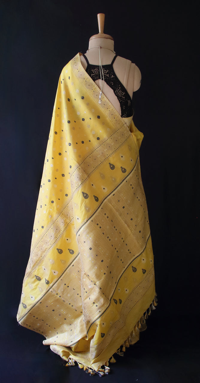 Bright Yellow Natural Dyed Mulberry Silk Saree from Assam