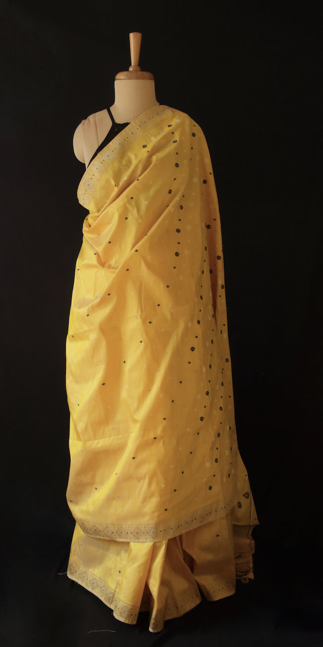 Bright Yellow Natural Dyed Mulberry Silk Saree from Assam