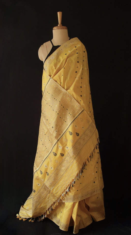 Bright Yellow Natural Dyed Mulberry Silk Saree from Assam