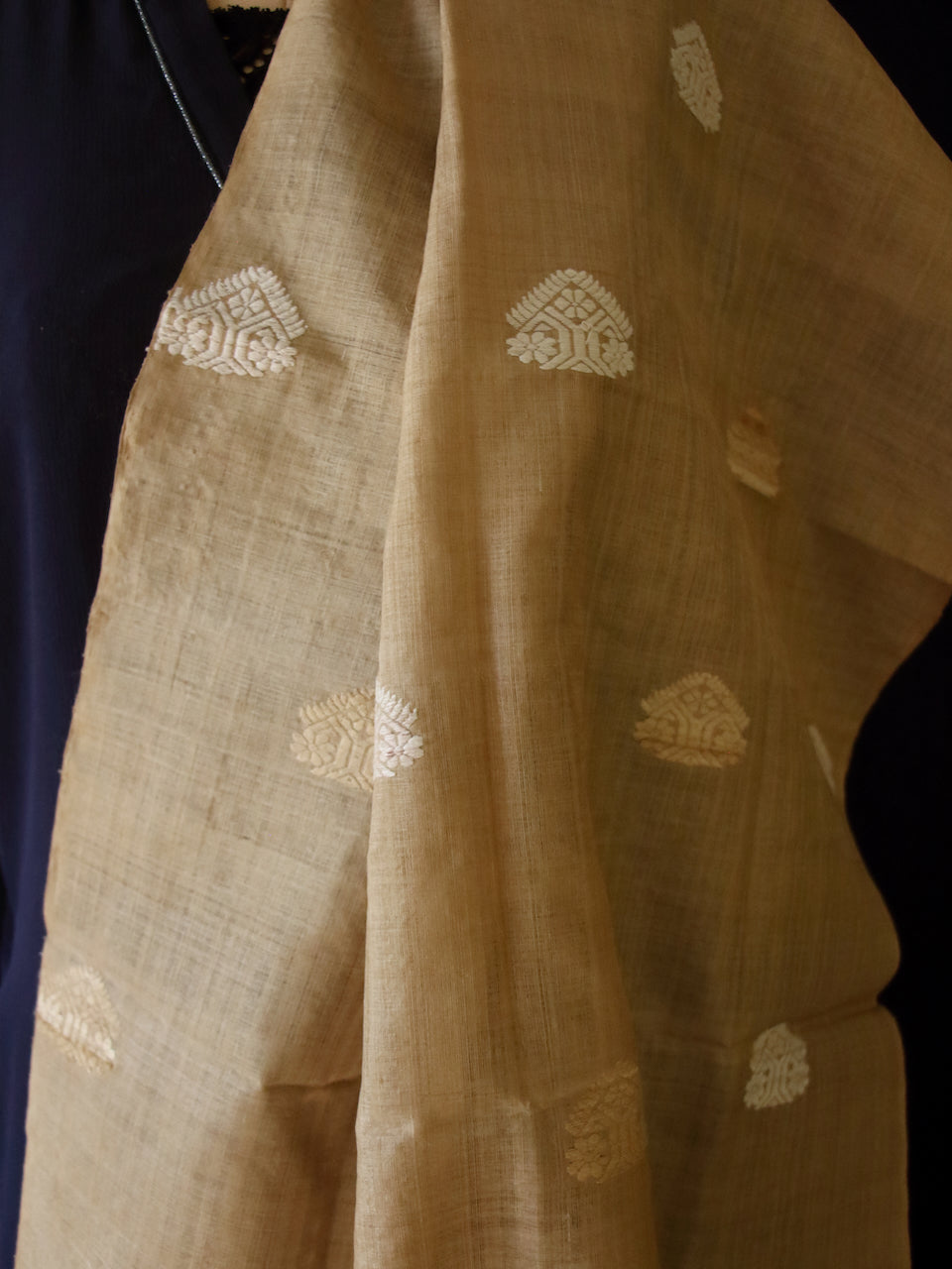 Handloom Muga Silk Wrap / Stole / Scarf with natural Colour Eri Silk Motifs from Assam