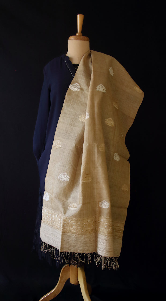 Handloom Muga Silk Wrap / Stole / Scarf with natural Colour Eri Silk Motifs from Assam