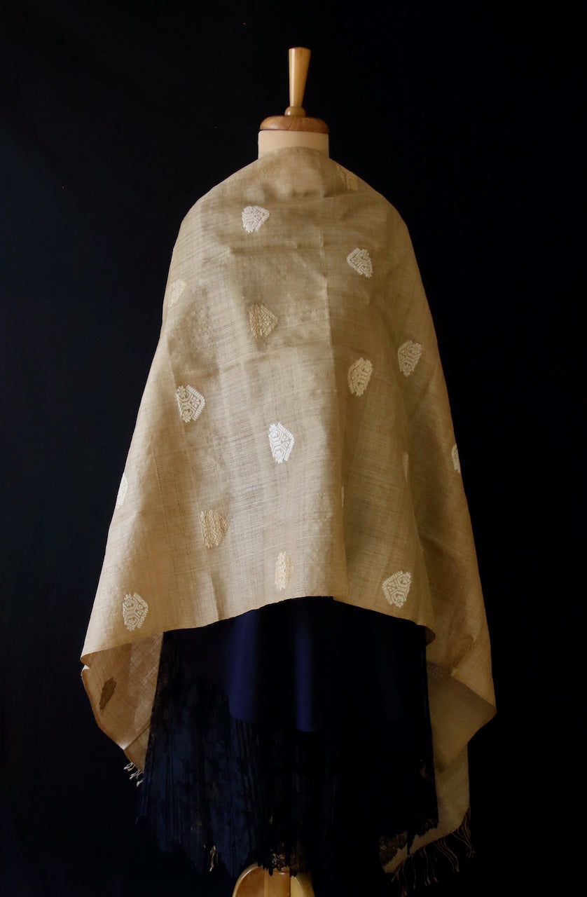 Handloom Muga Silk Wrap / Stole / Scarf with natural Colour Eri Silk Motifs from Assam