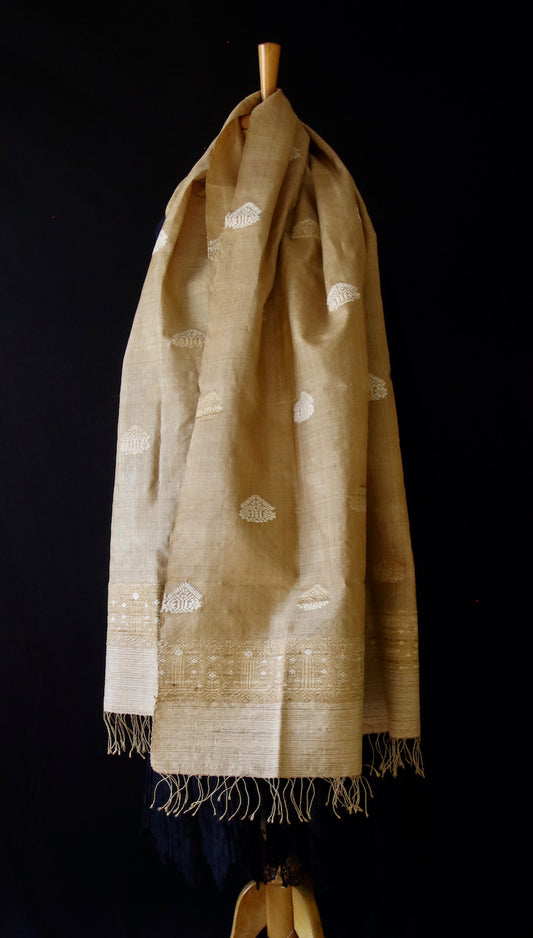 Handloom Muga Silk Wrap / Stole / Scarf with natural Colour Eri Silk Motifs from Assam