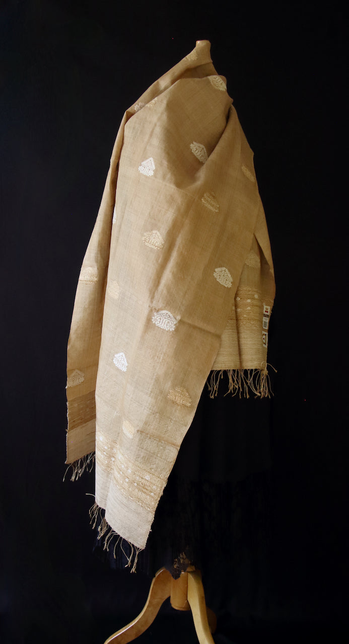 Handloom Muga Silk Wrap / Stole / Scarf with natural Colour Eri Silk Motifs from Assam