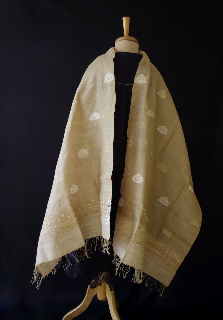 Handloom Muga Silk Wrap / Stole / Scarf with natural Colour Eri Silk Motifs from Assam