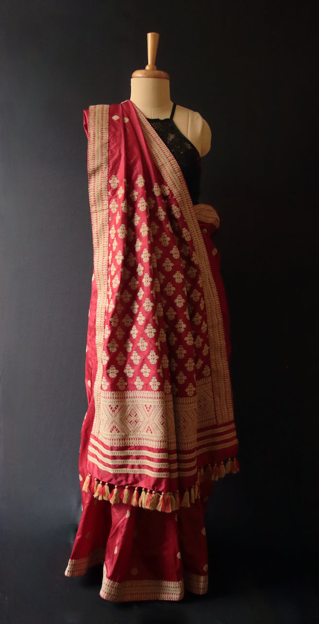 Deep Maroon Handloom Silk Saree from Assam